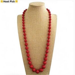 Vtg Red Lucite Graduated Beaded Necklace, 30" Gold Tone Clasp, Mid‑Century Charm